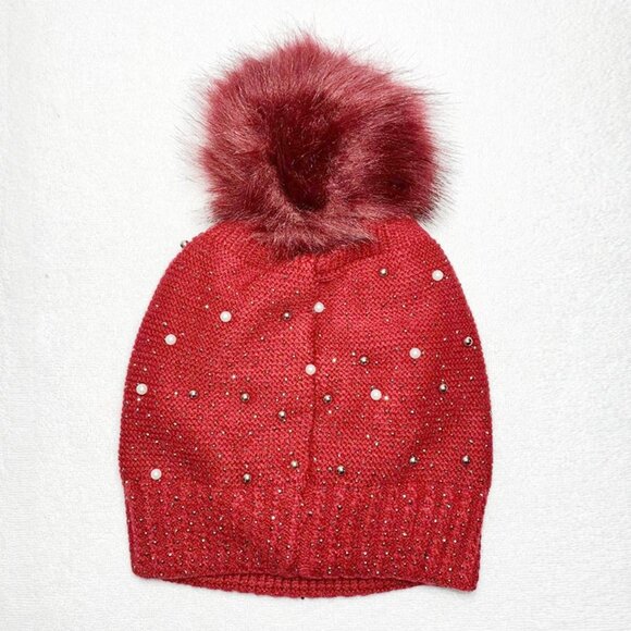 NWT Pearl and rhinestone fleece lined pompon hat - Picture 2 of 4